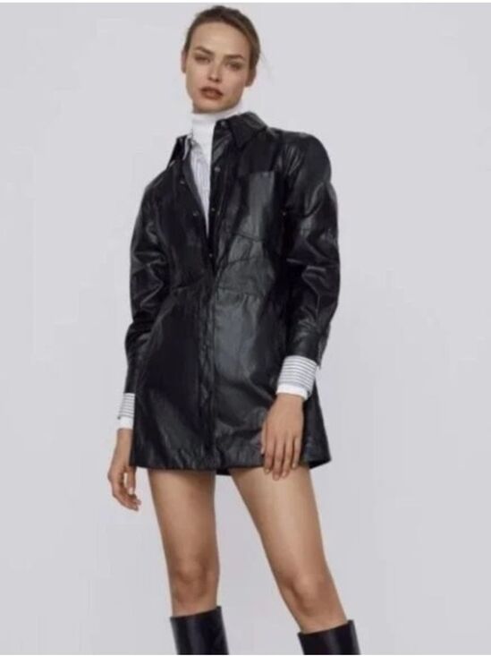 Zara Dresses & Skirts - Zara Faux Leather Button Down Shirt Dress Snap Front | Black | XS